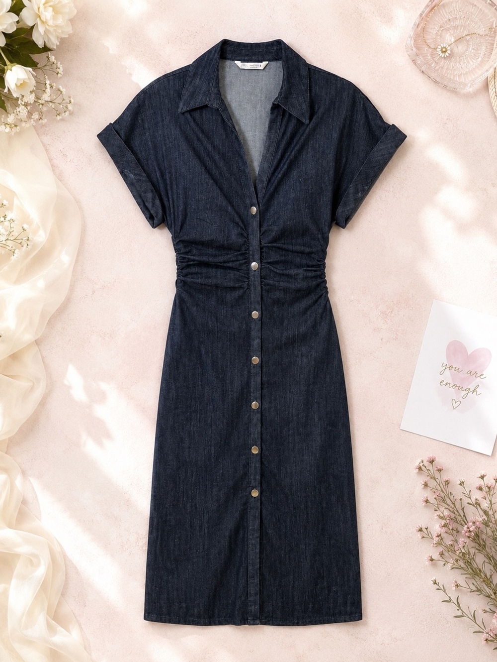 ZARA Denim Button-Down Midi Dress Dark Blue Small Ruched Waist